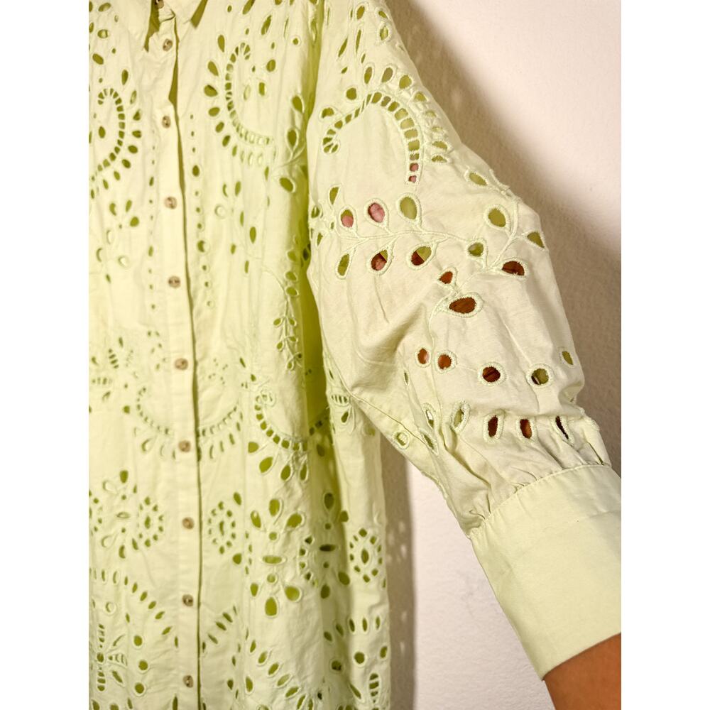 Anthro Eyelet Shirt Dress Green Cutout Mini Dress Button Front Cotton Size M - Picture 8 of 13